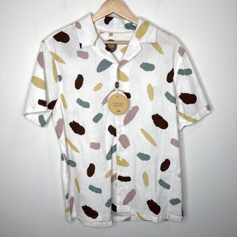 NEW Common People Button Front Shirt Men's S Ecru Muted Textured Short Sleeve